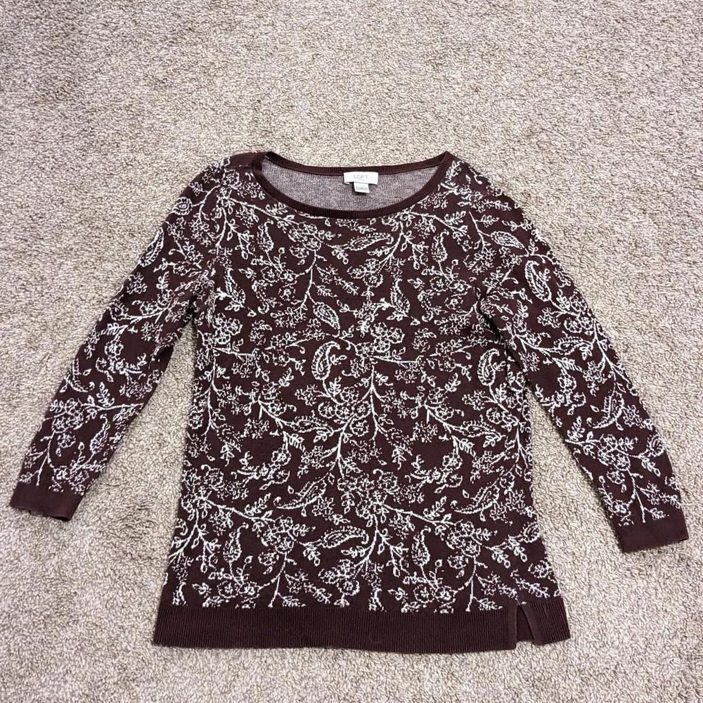 LOFT Outlet Burgundy & White Floral Paisley Knit Long Sleeve Lightweight Sweater